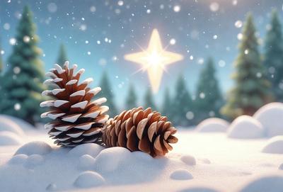 The primary subject of the image is a pinecone, which is the main object in the scene. The setting is a snowy environment, with the pinecone sitting on a snow-covered ground. The visual style of the image is digital art, as it is a well-crafted and detailed illustration. The colors in the image are predominantly white, which gives it a clean and serene atmosphere.